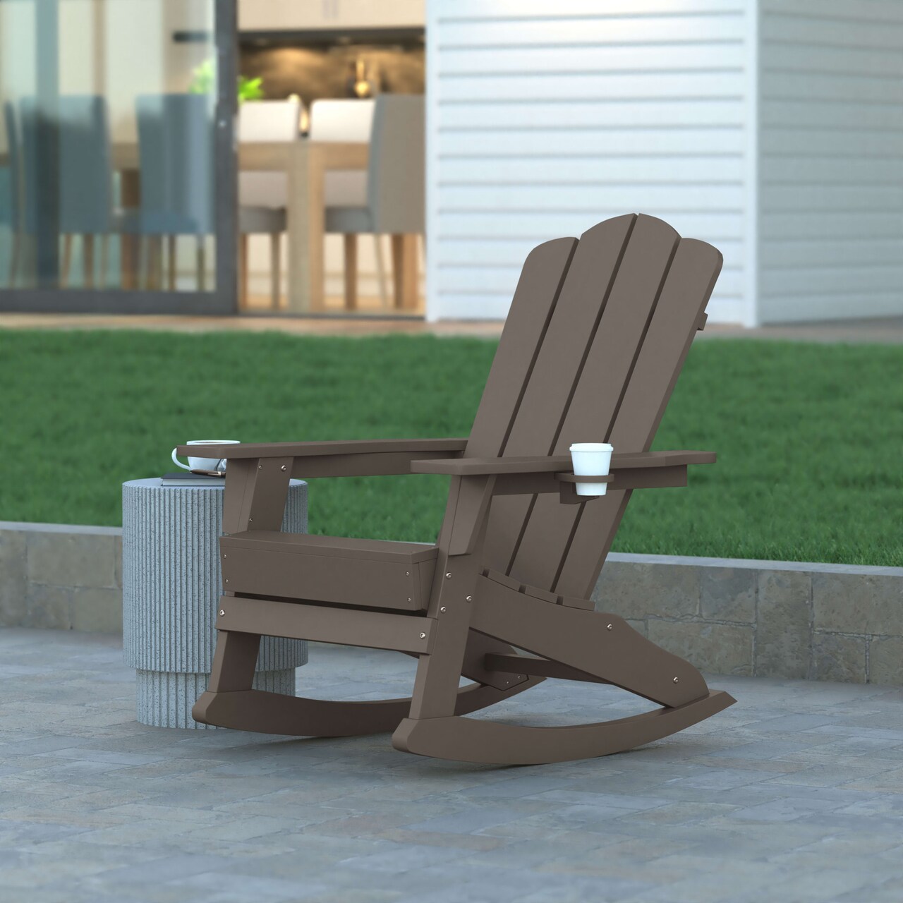 Emma and Oliver Tiverton Adirondack Rocking Chair with Cup Holder, Weather Resistant HDPE Adirondack Rocking Chair